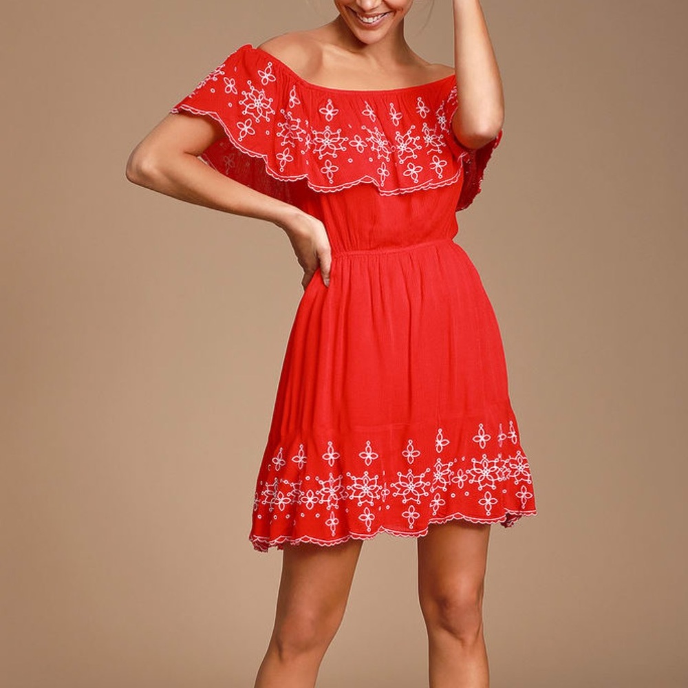 Layla Red Ruffle Embroidered Skater Dress